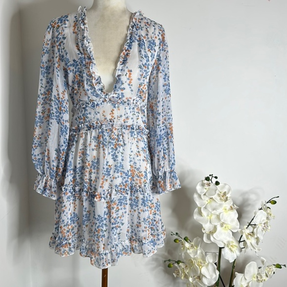 Floral Ruffle V-Neck Midi Dress in White and Blue